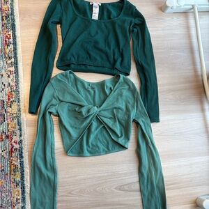 Green Ribbed Long Sleeve Tops